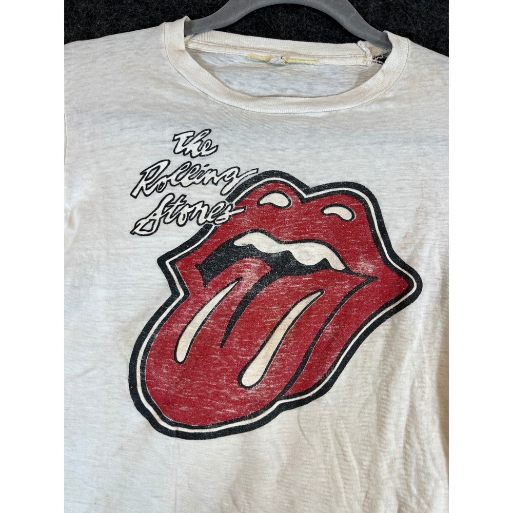 Vintage 70s Rolling Stones Shirt Mens Small White Tongue Rock Band Paper Thin